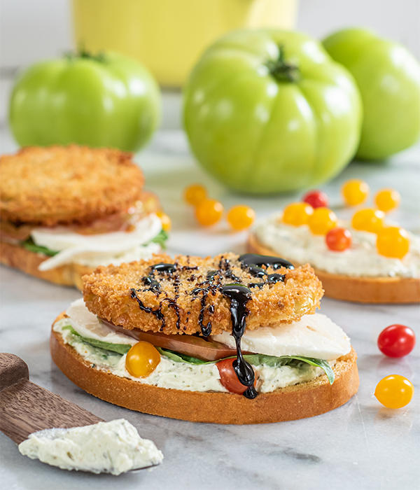 Fried Geen Tomato Caprese Crostinis