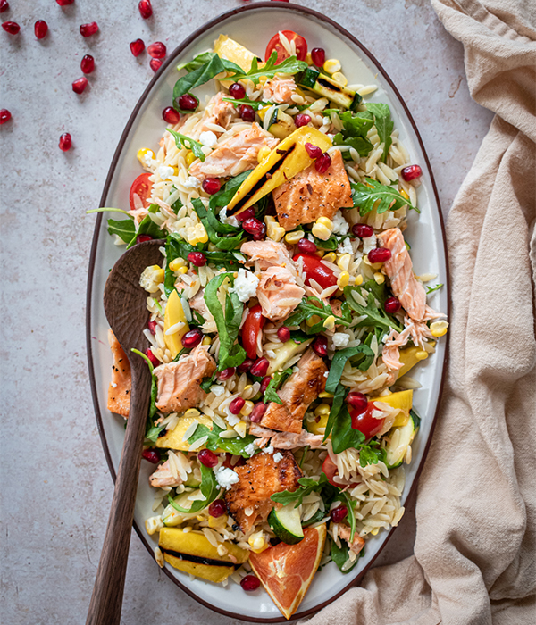 Grilled Mango Orzo Salad with Orange Ginger Salmon