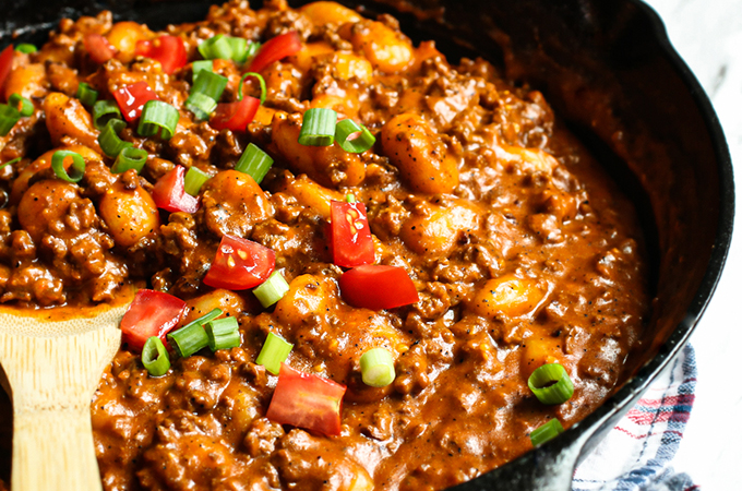 One Pan Cheeseburger Gnocchi in a skillet.