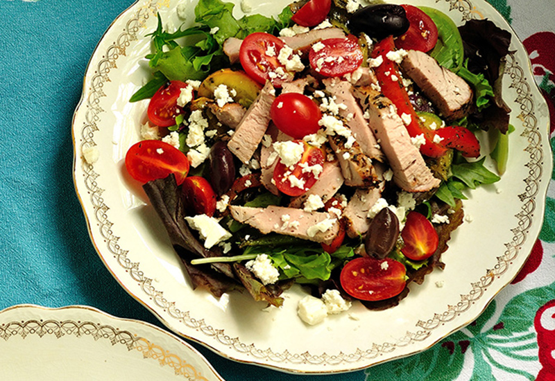 Fall Salad with Pork, Buttery Croutons and Basil Vinaigrette