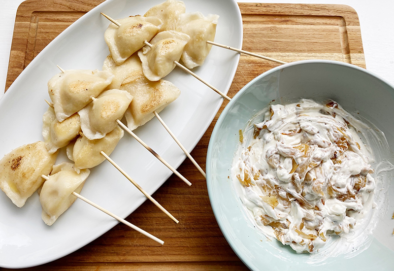 Pierogi Skewers with Caramelized Onion Sour Cream