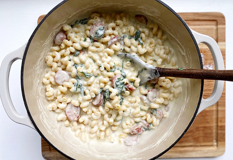 White Cheddar Mac and Cheese with Sausage & Spinach