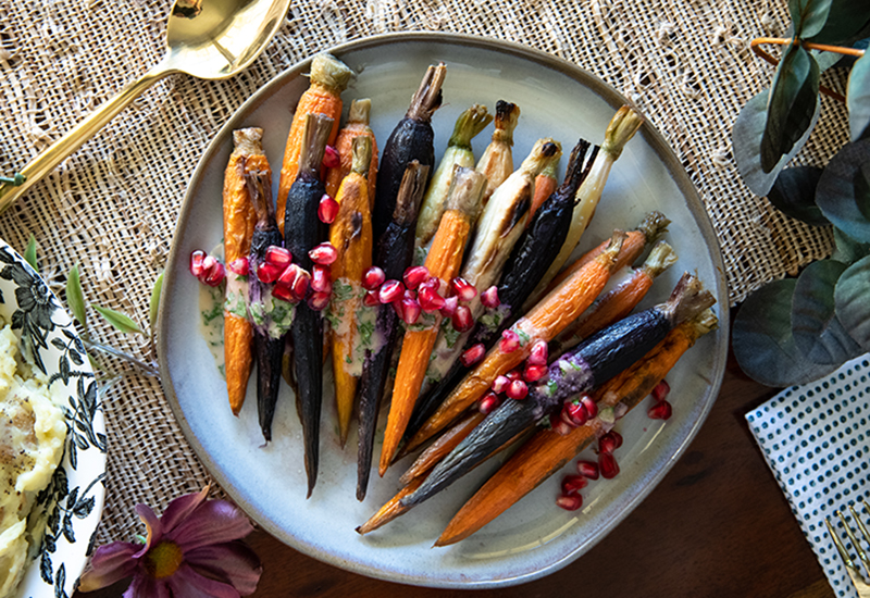 Maple Roasted Carrots in Tahini Sauce with Pomegranate and Pistachios