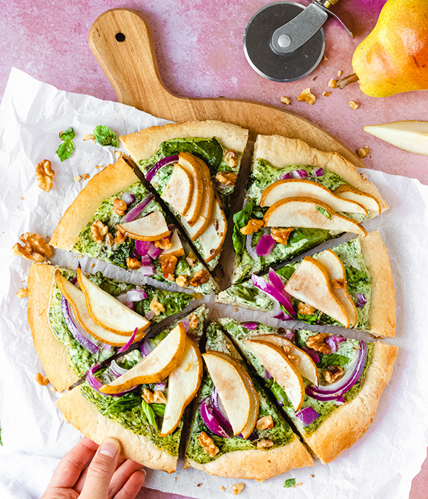 Vegan Spinach Kale and Pear Pizza