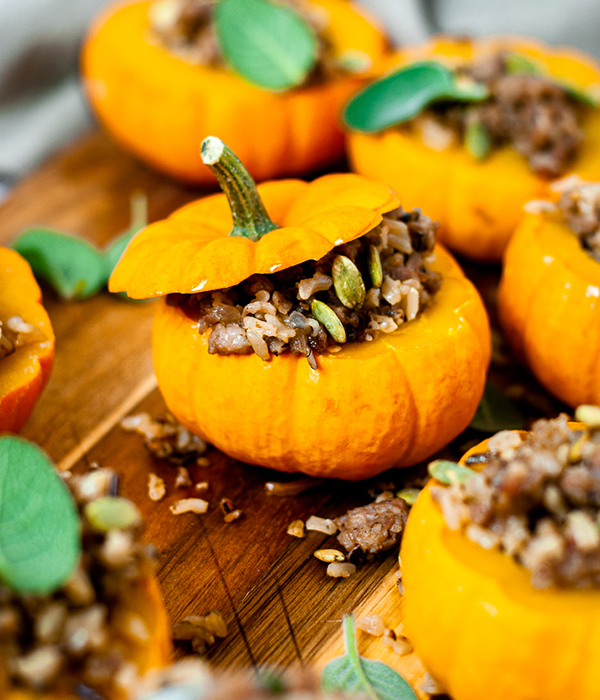 Sausage and Wild Rice Stuffed Mini Pumpkins