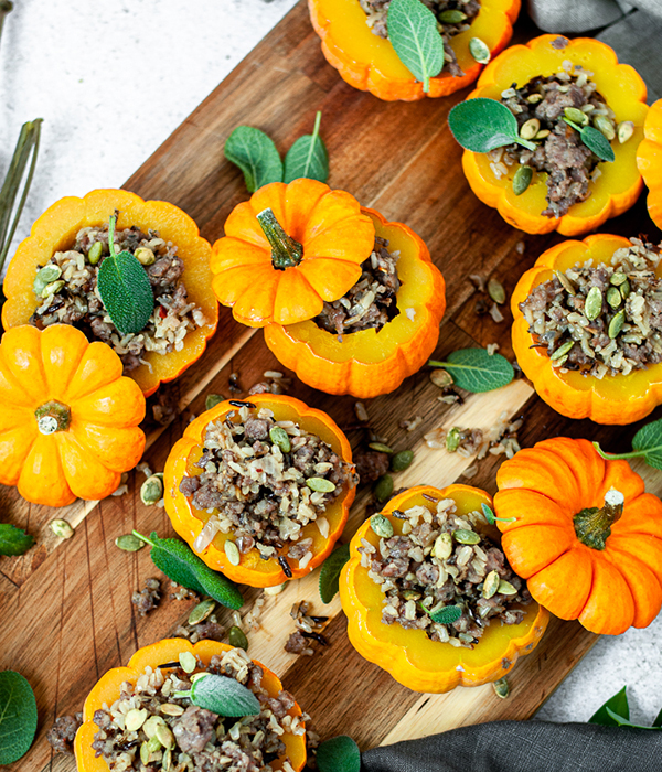 Sausage and Wild Rice Stuffed Mini Pumpkins