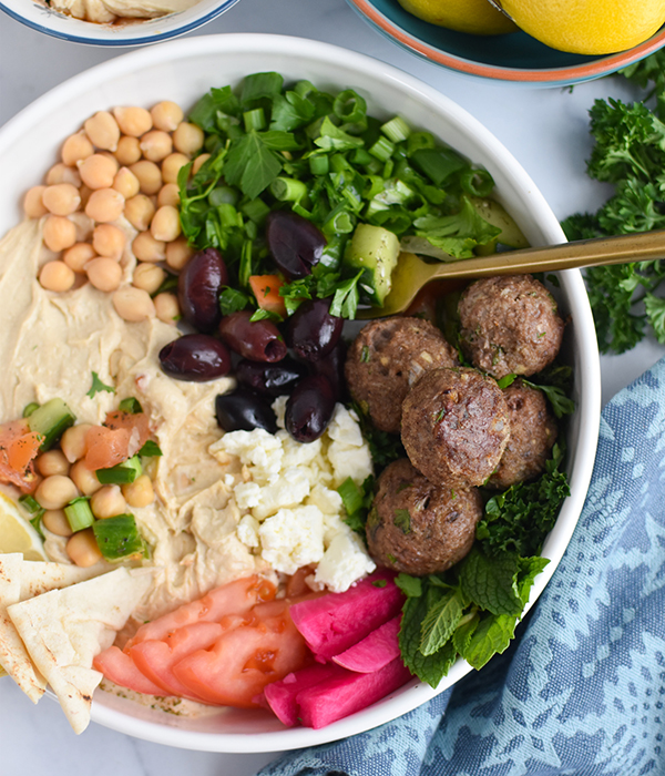 Mediterranean Lamb Meatballs in a Hummus Bowl