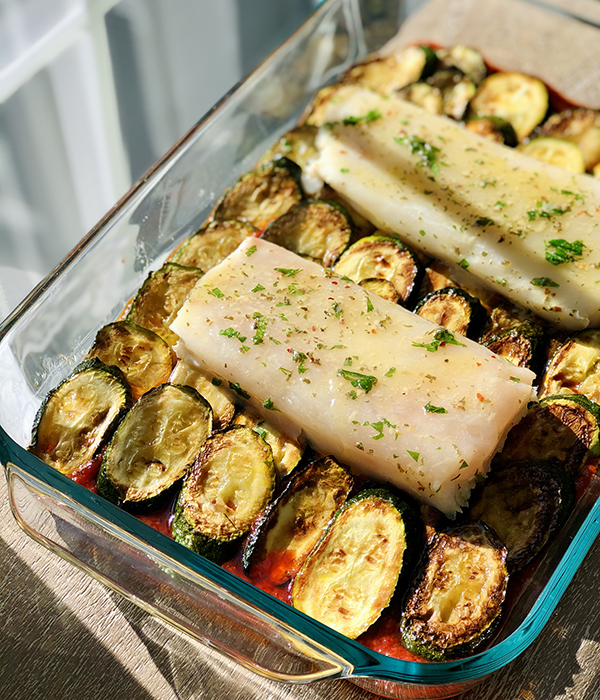 Marinated Zucchini with Herb Butter Baked Cod