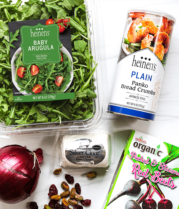 Crispy Goat Cheese, Beet & Arugula Salad ingredients layed out