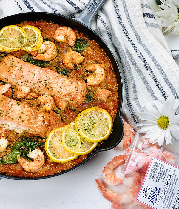 One Pan Paella with Frozen Shrimp Bag on Counter