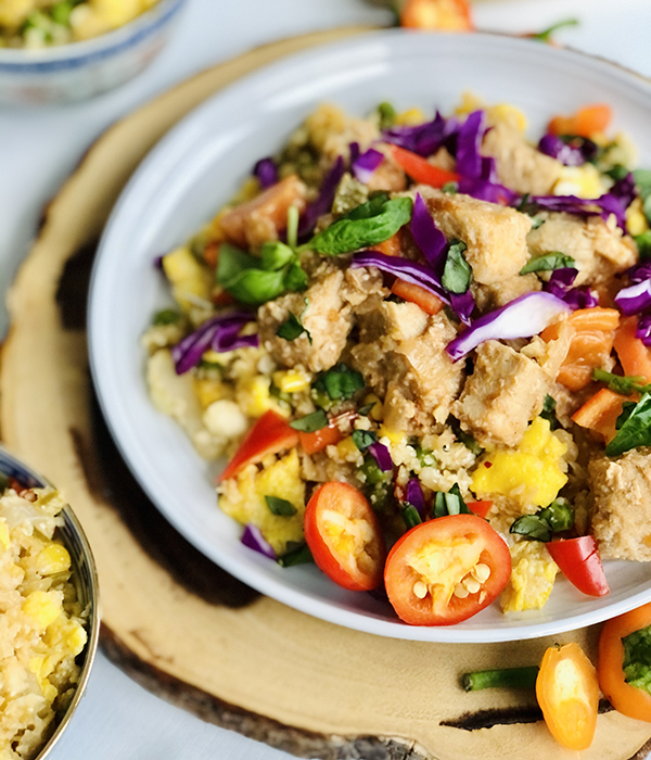 Slow Cooker Sweet & Spicy Pork Bites with Cauliflower Fried Rice