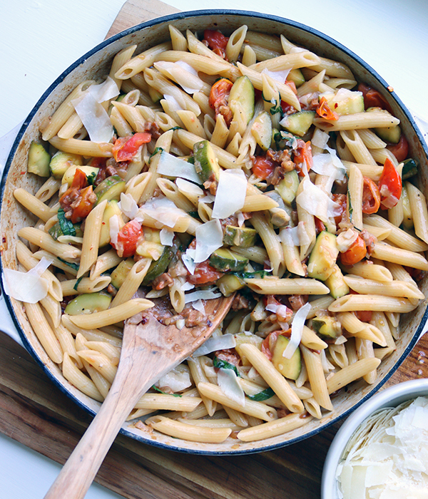 Zucchini Prosciutto and Tomato Penne