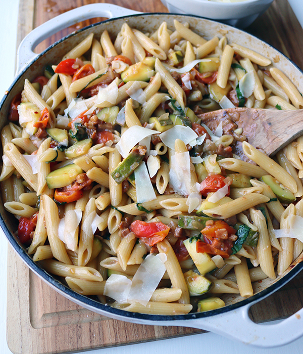 Zucchini Prosciutto and Tomato Penne