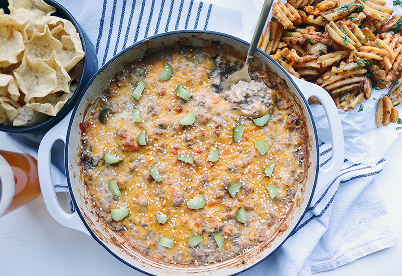 Cheeseburger Dip with Waffle Fries