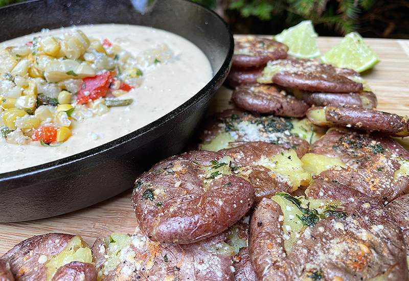 Elote Queso and Smashed Potatoes