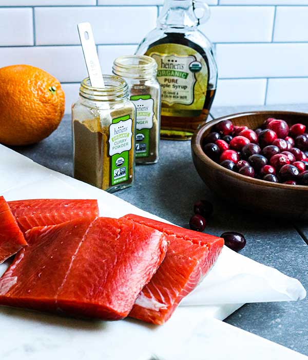 Pan-Seared Salmon with Spiced Cranberry Sauce and Brussels Sprouts Salad 