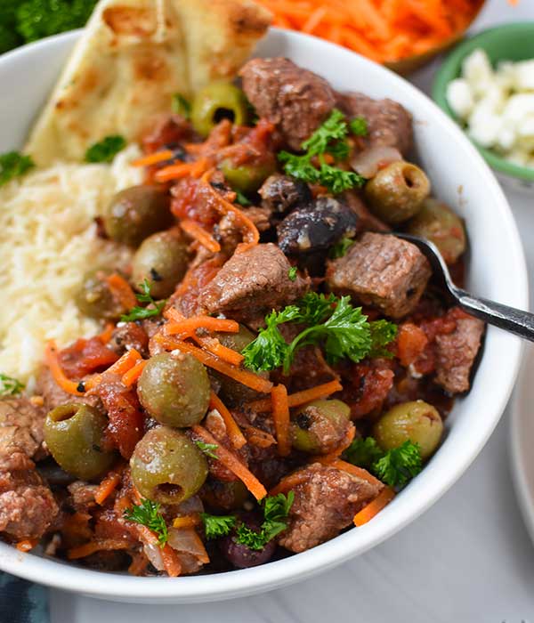 Mediterranean Beef with Mixed Olives & Feta