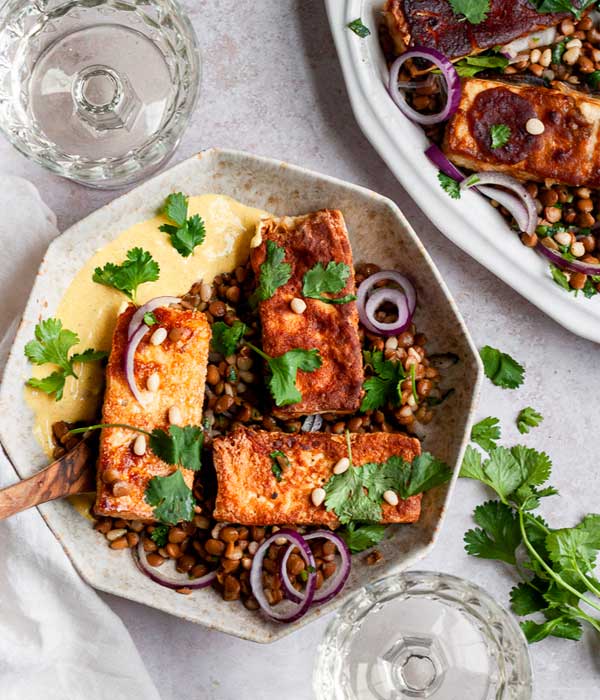 Tofu & Lentil Salad with Spiced Yogurt