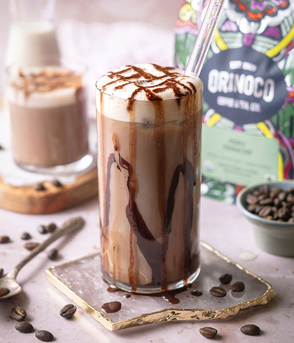 Mocha Iced Coffee with Vanilla Cold Foam and Orinoco Packaging