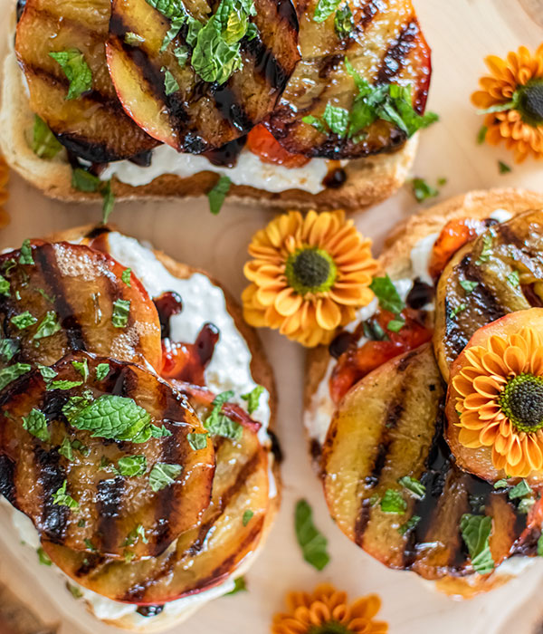 Grilled Peach Tartines with Burrata and Mint