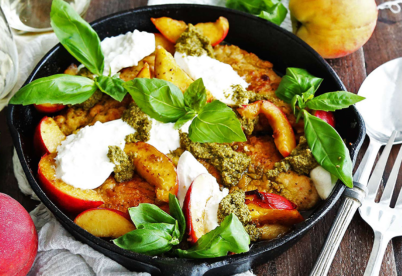 Pesto Chicken with Peaches and Burrata