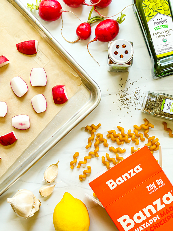 Roasted Radish Chickpea Pasta with Lemon and Garlic
