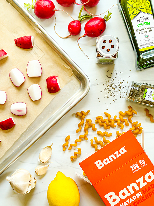 Roasted Radish Chickpea Pasta with Lemon and Garlic 