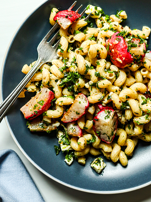 Roasted Radish Chickpea Pasta with Lemon and Garlic 