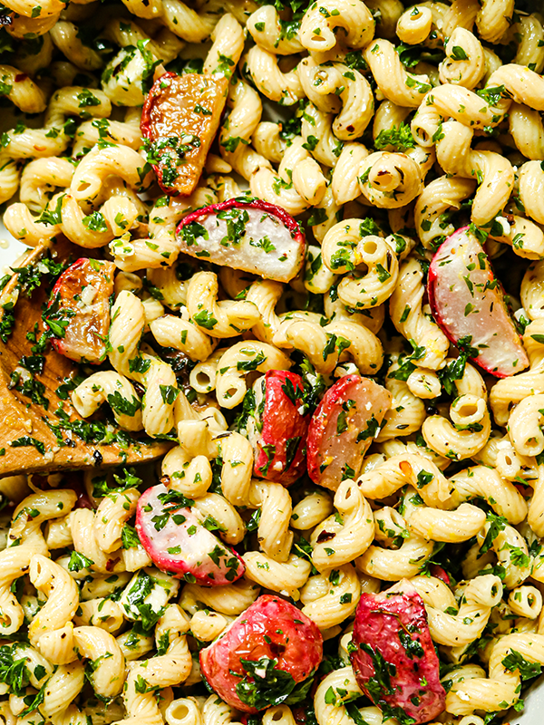 Roasted Radish Chickpea Pasta with Lemon and Garlic 