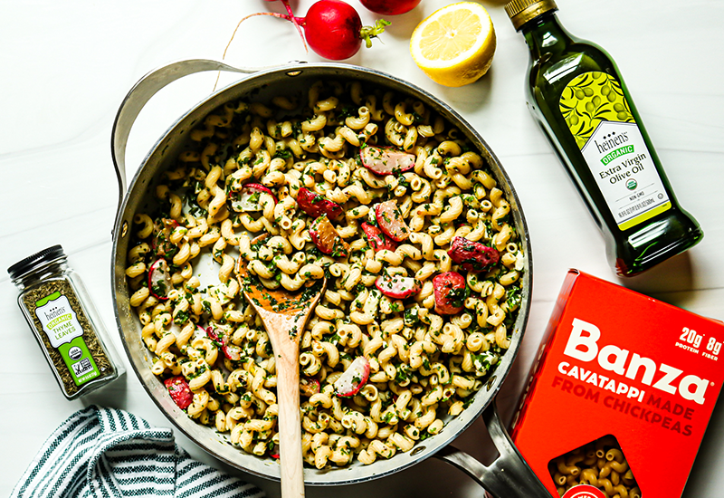 Roasted Radish Chickpea Pasta with Lemon and Garlic