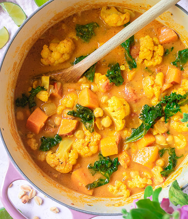 Sweet Potato Peanut Stew with Cauliflower and Kale