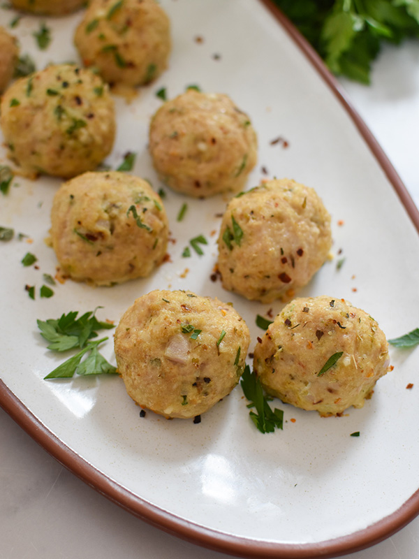 Baked Sage Chicken Meatballs with Parmesan Orzo