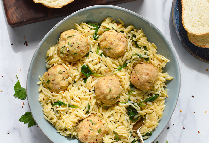 Baked Sage Chicken Meatballs with Parmesan Orzo