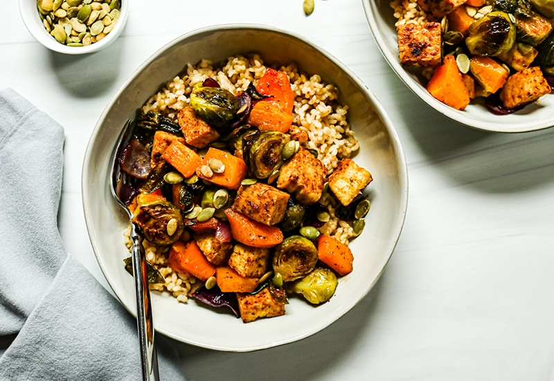 Maple Balsamic Roasted Vegetable and Tofu Rice Bowls