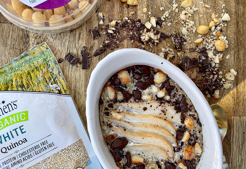 Baked Pear, Chocolate, Nut and Quinoa Oatmeal 