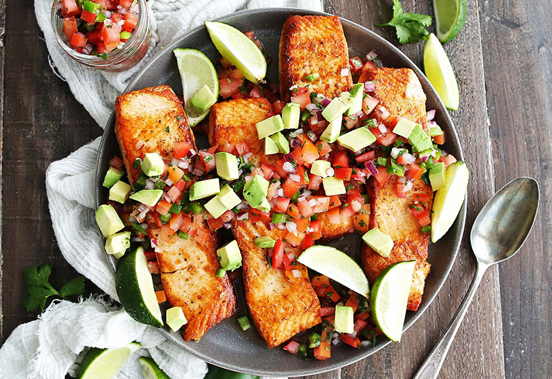 Seared Salmon with Avocado Tomato Salsa