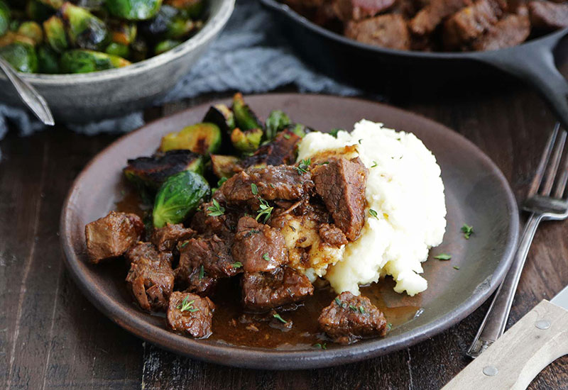 Slow-Cooked Tri-Tip Steak with Mashed Potatoes & Brussels Sprouts