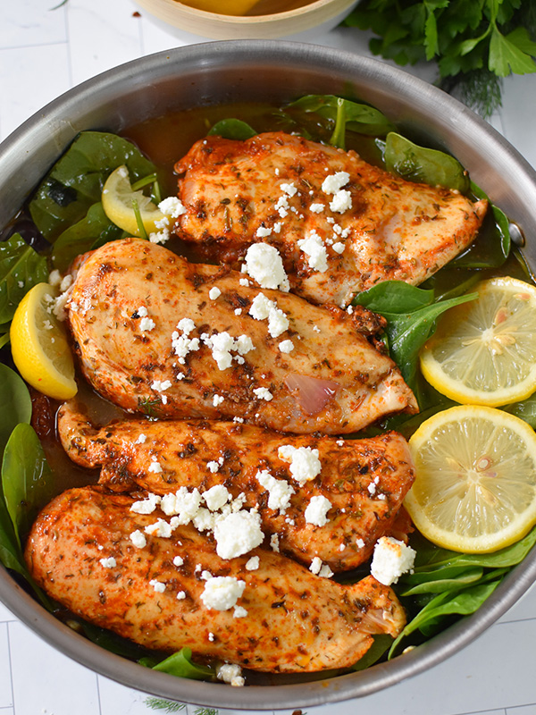 One Skillet Greek Sun-dried Tomato Chicken and Farro
