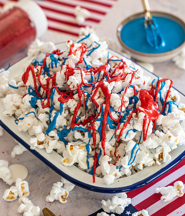 Red White and Blue Chocolate Drizzled Popcorn