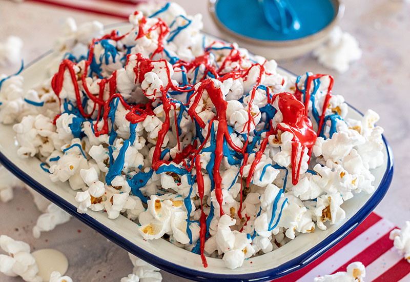 Red, White and Blue Chocolate Drizzled Popcorn