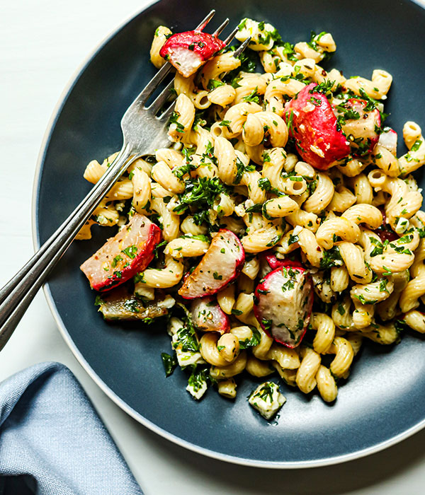 Roasted Radish Chickpea Pasta with Lemon and Garlic