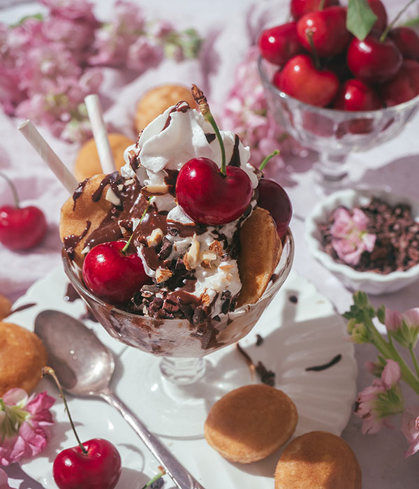 Pancake Puff Ice Cream Sundae with Homemade Chocolate Sauce