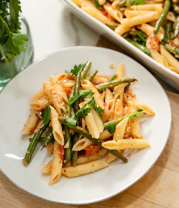 Roasted Green Bean and Tomato Pasta