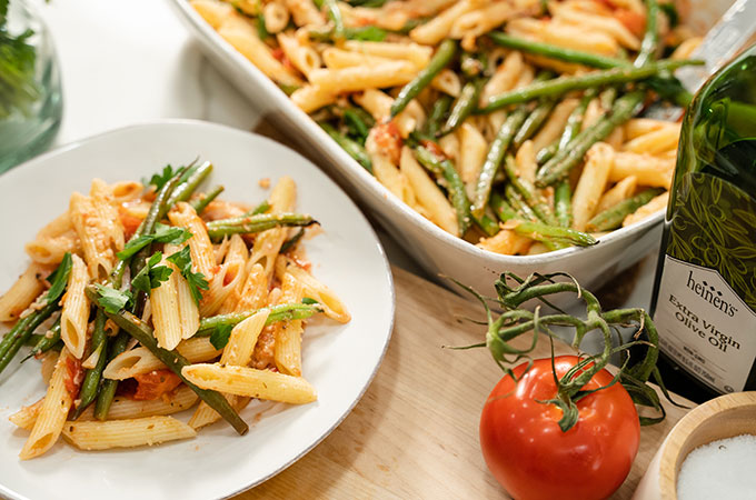 Roasted Green Bean and Tomato Pasta