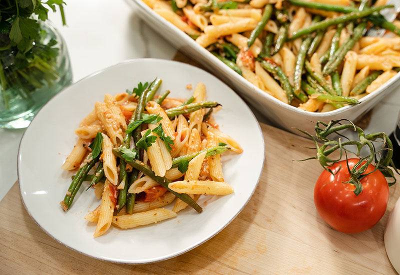 Roasted Green Bean and Tomato Pasta
