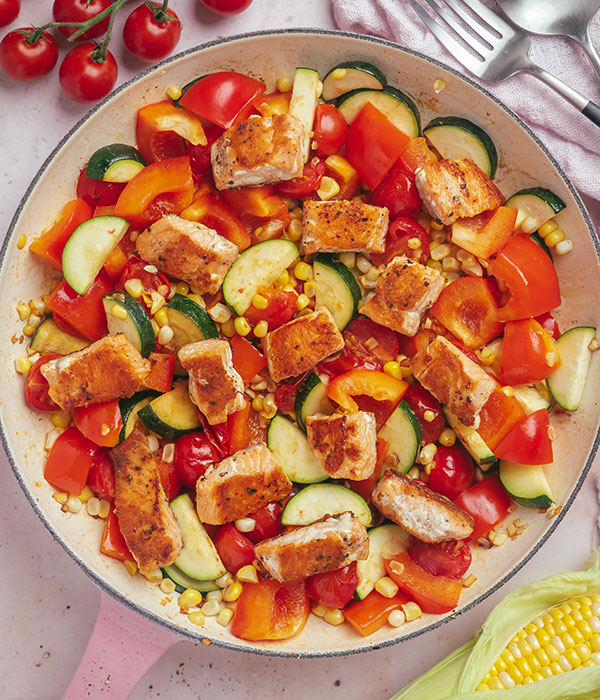 Summer Vegetable Skillet with Salmon Bites