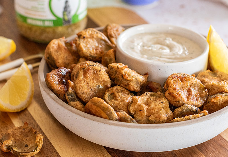 Fried Pickle Chips with Dill Yogurt Sauce