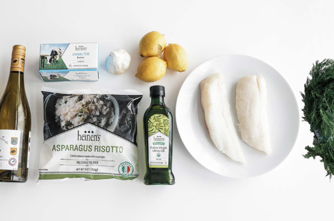 Lemon Butter Cod ingredients organized on a white backdrop