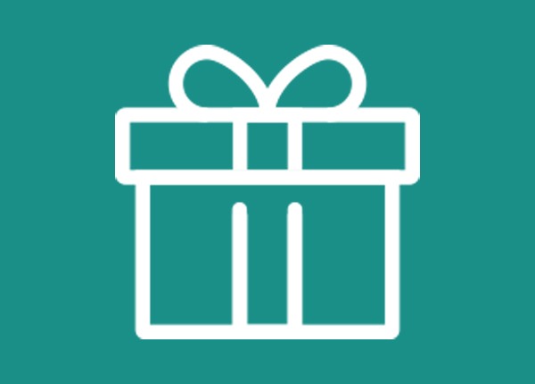 An illustration of a gift box outlined in white with a green background.