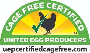 United Egg Producers logo featuring a chicken and a green checkmark in the center with a text boarder that says, "Cage Free Certified. uepcertifiedcagefree.com."